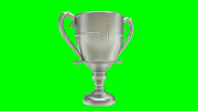 Animated plain simple silver trophy with handles and matte surface spinning against green background. Isolated and loop able.