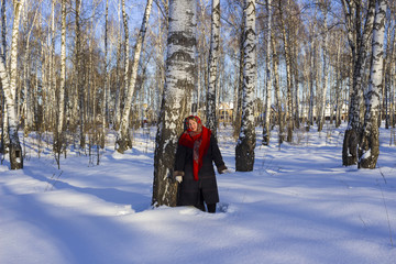 The beauty of Russian winter in the countryside. A woman in a Russian red kerchief in a snow-covered birch grove on a winter sunny day.