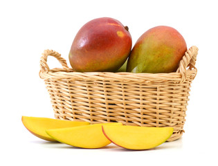 fresh mango fruit in basket on a white background