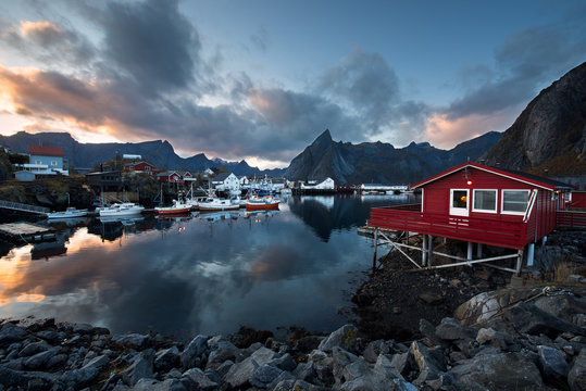 Harbor with fishing boats in traditional fishing village of Hamnoy, Lofoten islands, Norway