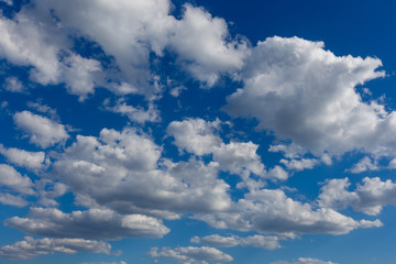 Beautiful blue sky with white clouds. Wide angle view.