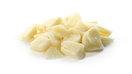 Chopped garlic on white background