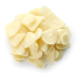 Chopped garlic on white background