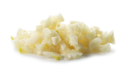 Fresh chopped garlic on white background
