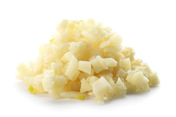Fresh chopped garlic on white background