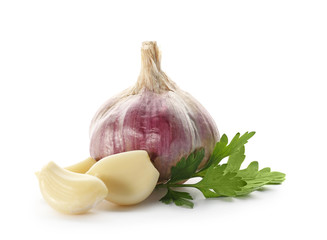 Composition with fresh garlic and parsley on white background