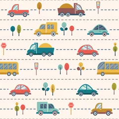 Behang Auto Naadloos kinderbeeldverhaalpatroon met auto& 39 s, bussen, vrachtwagens