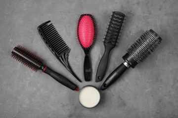Professional hairdresser set on grey background