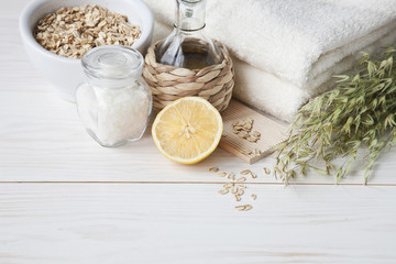 Ingredients for aromatherapy and spa treatments, aromatic sea salt and towels. Spa kit for beauty...