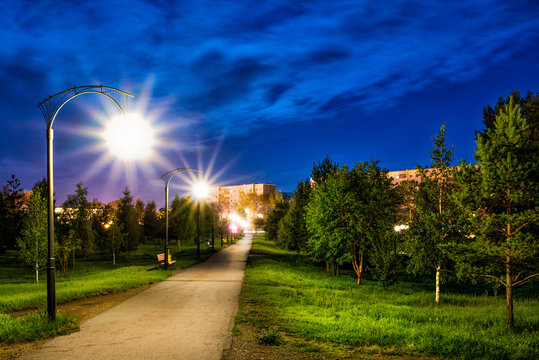 A beautiful park at night with a path in the middle surrounded by street lamps and trees.
