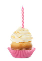 Birthday cupcake with candle on white background