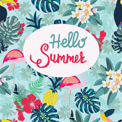 Background with flamingo, pineapple, toucan and hello summer text. © margolana