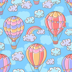 Seamless pattern with hot air balloons, rainbow and clouds