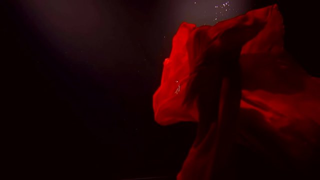 fairy-tale woman who is dressed in a red dress is floating at the depth of the sea