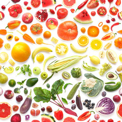 Food texture. Seamless pattern of various fresh vegetables and fruits isolated on white background, top view, flat lay. Composition of food.