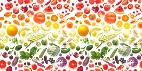 Food texture. Seamless pattern of various fresh vegetables and fruits isolated on white background, top view, flat lay. Composition of food.
