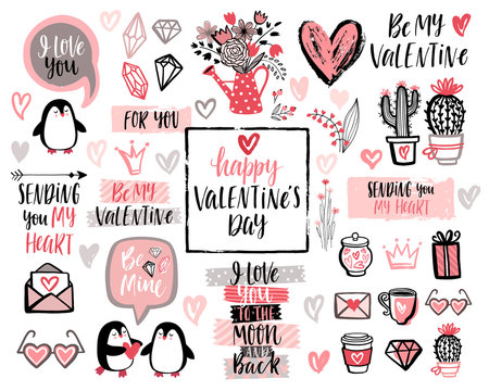 Valentine`s Day Lettering Design Set with hand drawn elements.