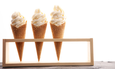 Vanilla frozen yogurt or soft ice cream in waffle cone