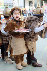 children with viking costumes in a show at the school - 188012871