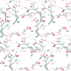 Obraz na płótnie Canvas Seamless hand drawn pattern sakura blooming branch on white stock vector illustration for print, for web