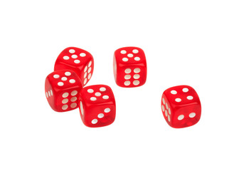 group of five red dices on white background