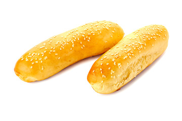 Two hot dog buns on white