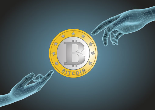 Two wireframe human hands pointing to bitcoin