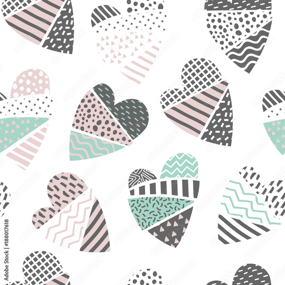 Poster abstract memphis style seamless pattern with hearts. happy valentines day background for fabric text