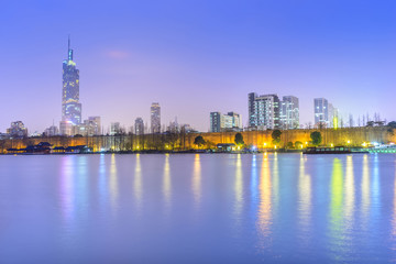 Fototapeta na wymiar Nanjing City at night. Located in Xuanwu Lake Park, Nanjing, Jiangsu, China.