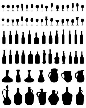 Silhouettes of bowls, bottles and glasses  on a white background
