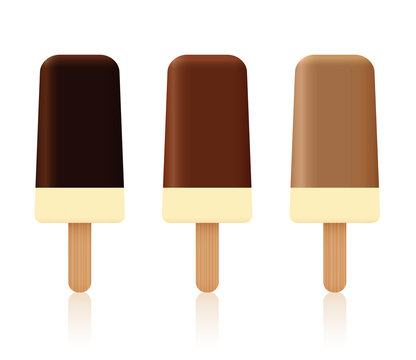 Chocolate ice cream lollys - dark, light and milk chocolate coating - set of three sweet frozen desserts with vanilla filling and different brown shell - isolated vector illustration on white.