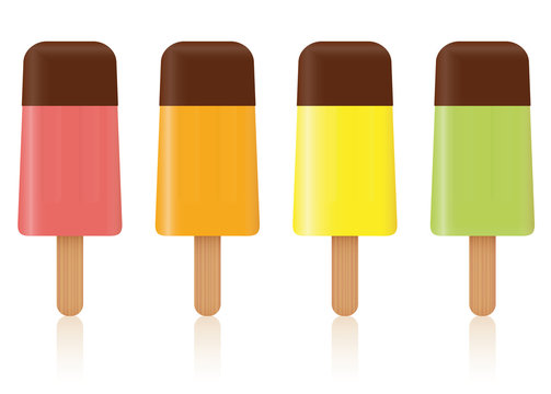 Ice pops - colored fruit ice cream lollys with chocolate glaze topping - set of four frozen popsicles - isolated vector illustration on white background.