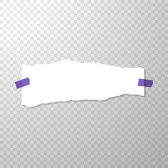 Torned Off Piece of Paper with Purple Stickers. Empty Page Isolated on Transparent Background. Torned Vector Edge of White Horizontal Paper Banner. Template for Advertising. Vector Illustration with