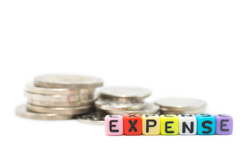 Close up image of the alphabet dices which are arranged for a word EXPENSE, in front of stack of coins and isolated on white background.