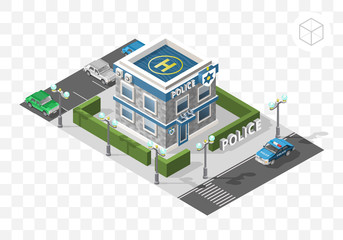 Set of Isolated High Quality Isometric City Elements. Hospital on Transport Background . Police Department