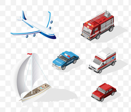 Set of Isometric High Quality Vehicles with 45 Degrees Shadows on Transport Background . Police Car Fire Truck Ambulance Airplan Boat and Car