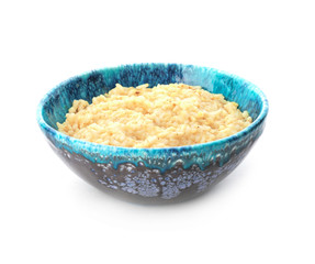 Dish with delicious risotto on white background