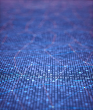 3D Illustration, Abstract Background, Technology Concept. Binary Surfaces Interconnected By Connections To Data Points.