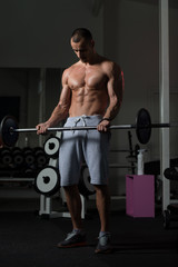Fototapeta na wymiar Man In The Gym Exercising Biceps With Barbell