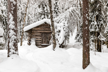 a wooden house in the Korouoma Nature Reserve, Finland. South Lapland, municipality of Posio.