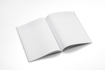 Mock-up magazine, book or catalog on white table. Blank page or notepad on solid background. Blank page or notepad for mockups or simulations.