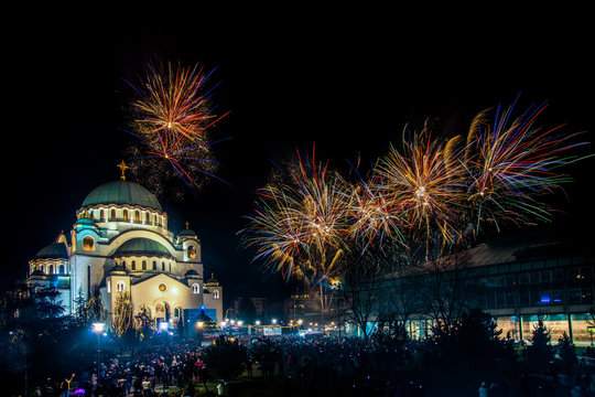 Belgrade, Serbia,Europe - January 14, 2018: Orthodox New Year's Eve celebration whit fireworks over the Church of Saint Sava at midnight in Belgrade, Serbia on January 14, 2018