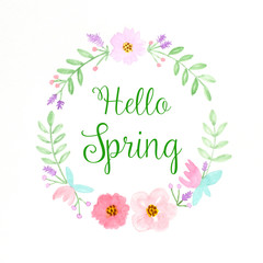 Hello spring, Flowers wreath watercolors, Hand drawing flowers in watercolor style on white paper background, banner