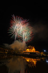 Fireworks celebrate the New Year 2018 at Rajapruek Royal Park, Chiang Mai with beutiful light of Hor Khum Luang temple,Thai Tradition Building