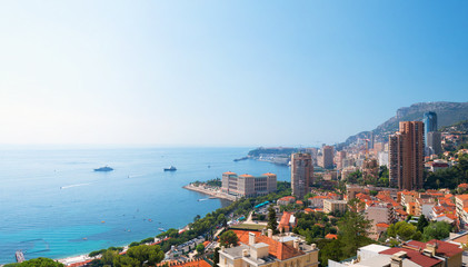 Panoramic landscape of Principality Monaco coast and Monte Carlo harbor.