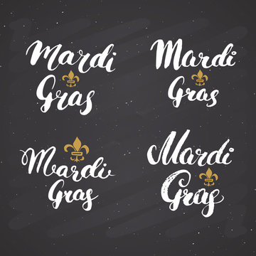 Mardi Gras Calligraphic Letterings Set. Typographic Greetings Design. Calligraphy Lettering for Holiday Greeting. Hand Drawn Lettering Text Vector illustration on chalkboard background