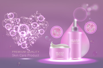 Pink cosmetic containers with advertising background ready to use, valentines concept skincare ad. Illustration vector.