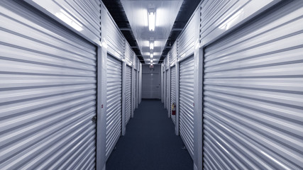 Interior metal storage units. Straight lines 3d perspective.