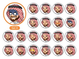 The fourth set of Saudi Arab man cartoon character avatars with different facial emotions and expressions, happy, bored, scary, pervy, uptight, disgust, amaze, silly, mad, etc. vector illustration.