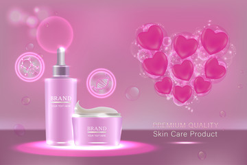 Pink cosmetic containers with advertising background ready to use, valentines concept skincare ad. Illustration vector.